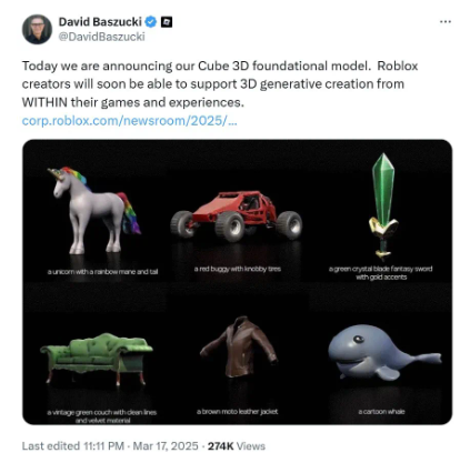 Roblox Unveils AI-Driven 3D Modeling Tool Cube for Game Developers