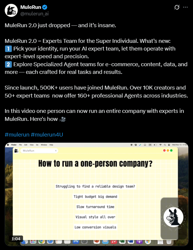 MuleRun 2.0 Hits Half Million Users as AI Agent Teams Gain Traction