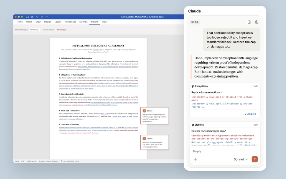 Claude将AI智能引入Microsoft Word，助力法律与金融专业人士