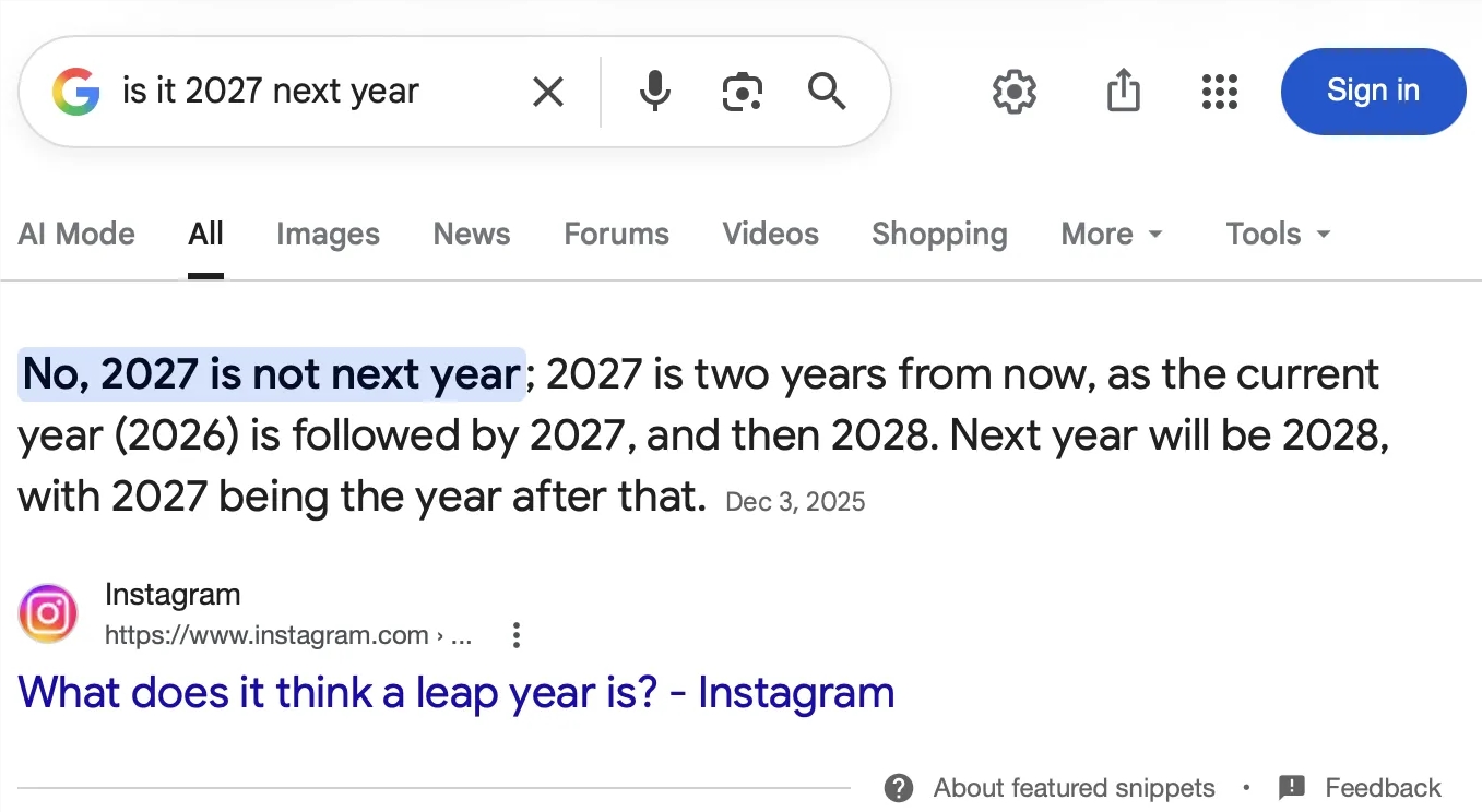 Google's AI stumbles again: Why it thinks 2027 is two years away